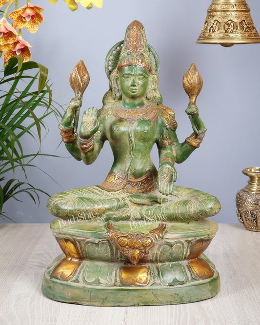 Goddess Lakshmi Brass Statue – Vintage Green 18 inch - Budhshiv.com