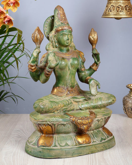 Goddess Lakshmi Brass Statue – Vintage Green 18 inch - Budhshiv.com
