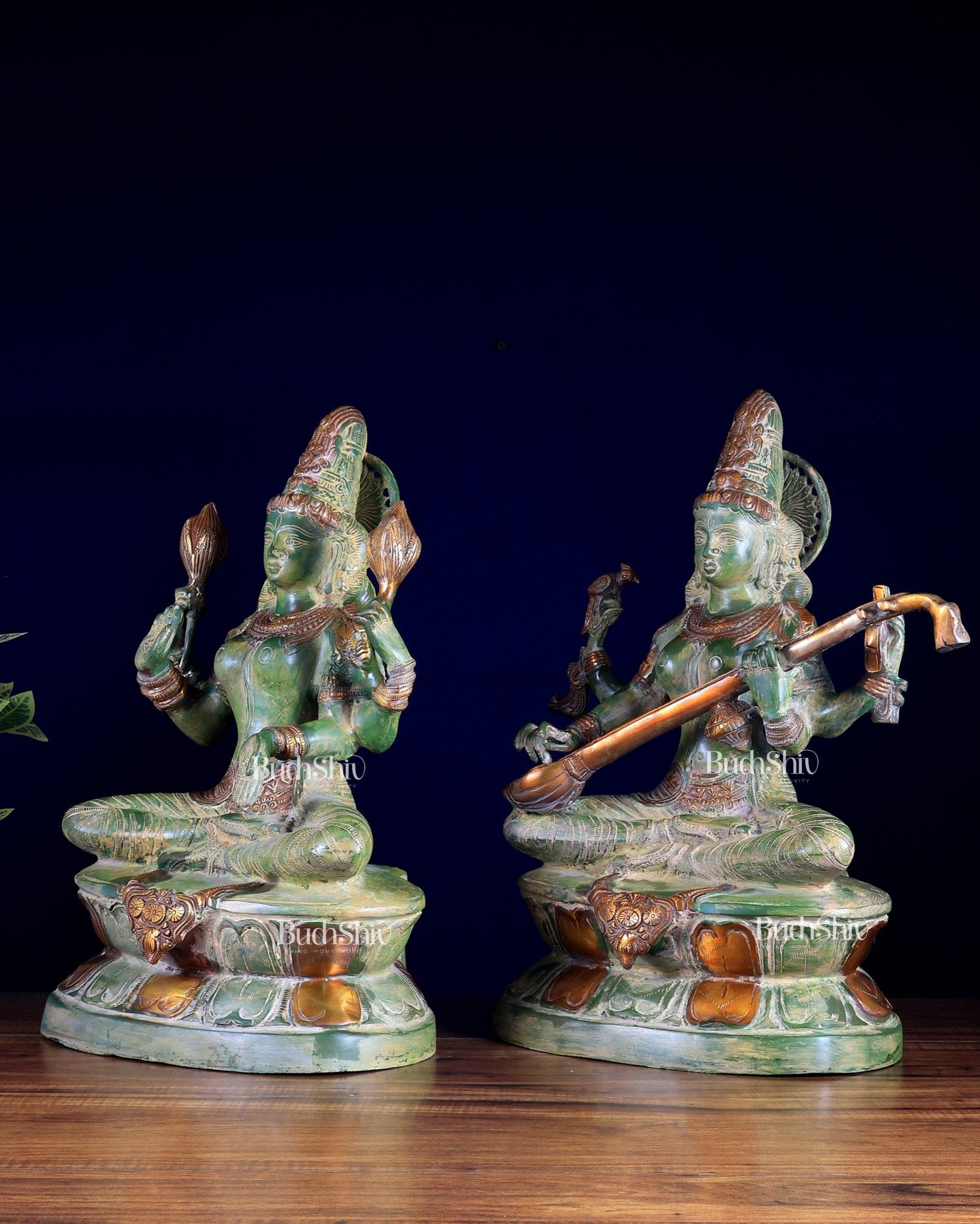Goddess Lakshmi & Saraswati Brass Idol Pair – Vintage Green 18 inch - Budhshiv.com
