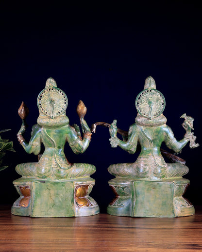 Goddess Lakshmi & Saraswati Brass Idol Pair – Vintage Green 18 inch - Budhshiv.com