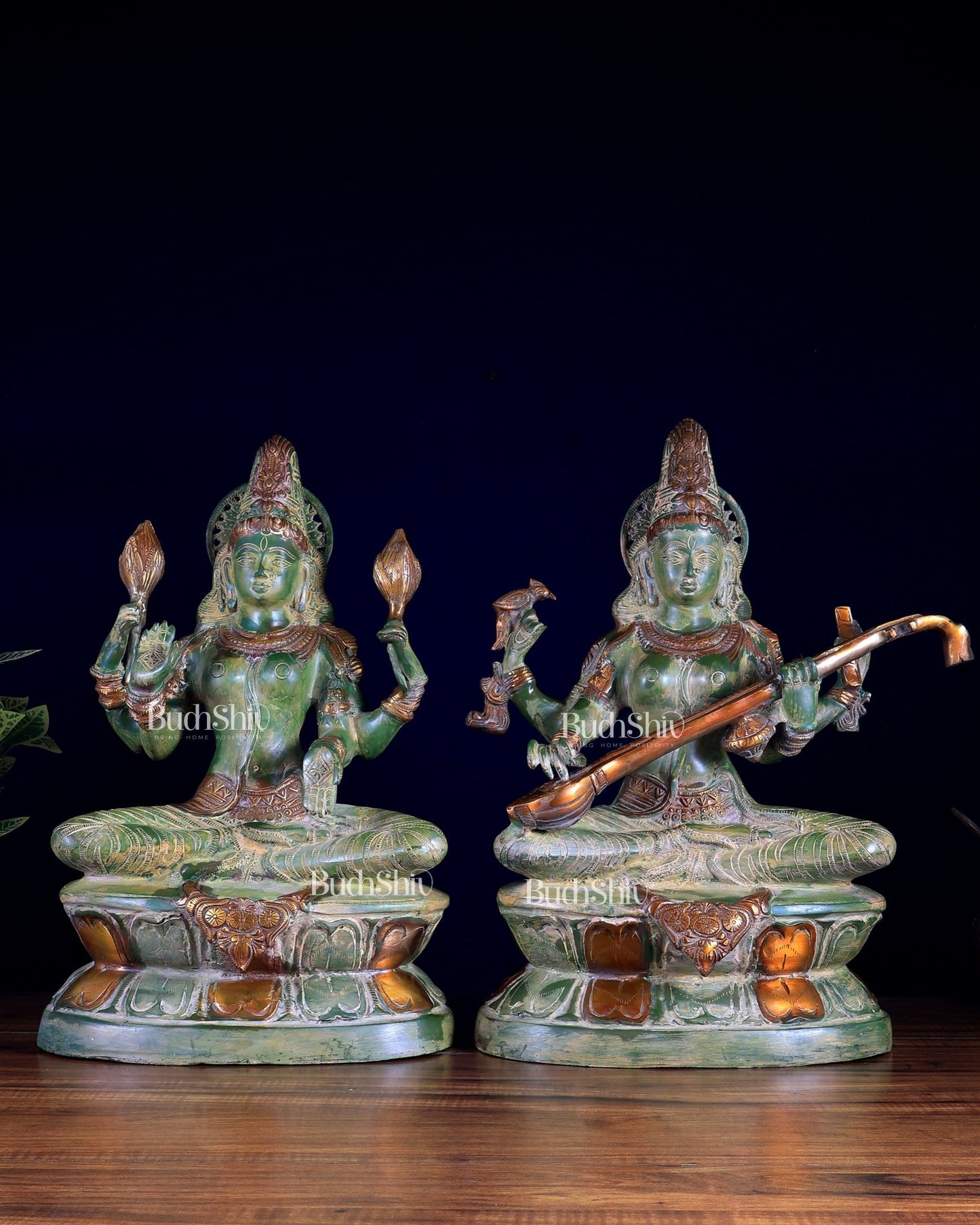 Goddess Lakshmi & Saraswati Brass Idol Pair – Vintage Green 18 inch - Budhshiv.com