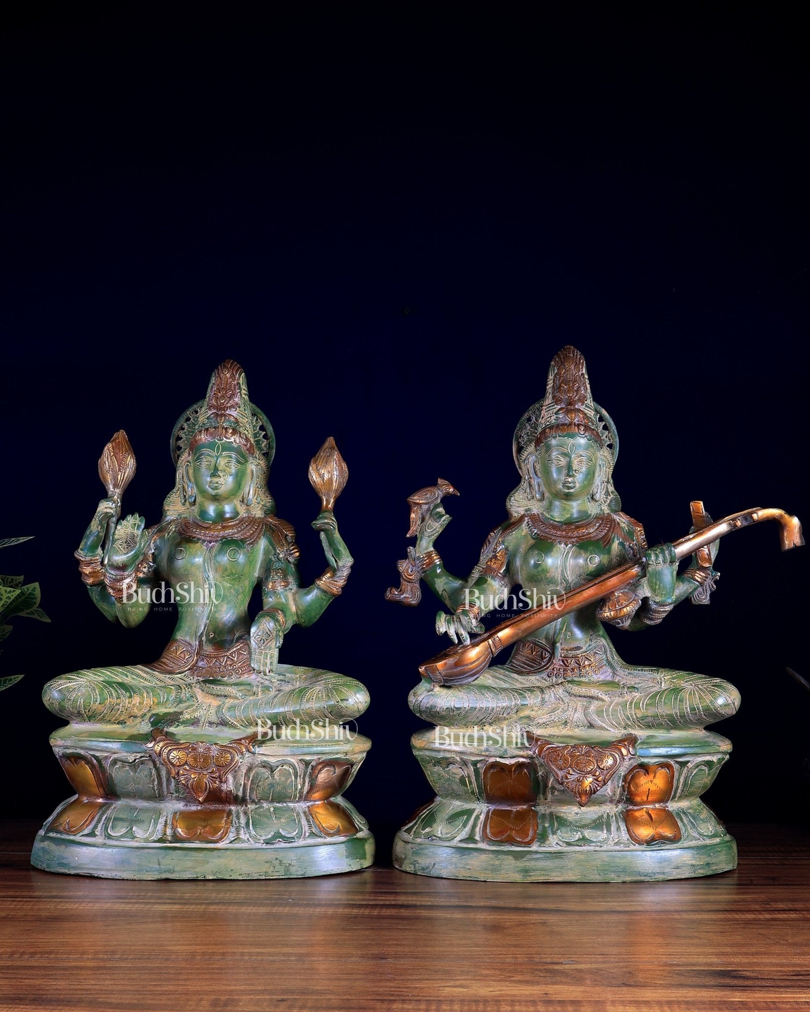 Goddess Lakshmi & Saraswati Brass Idol Pair – Vintage Green 18 inch - Budhshiv.com