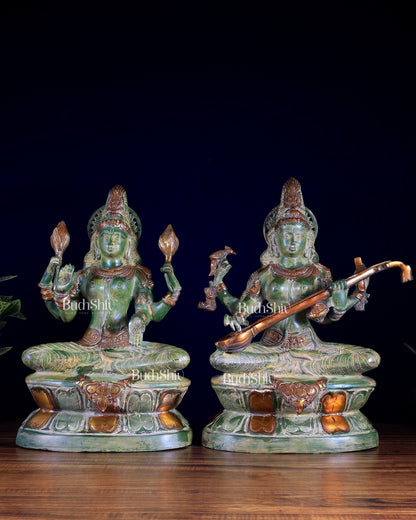 Goddess Lakshmi & Saraswati Brass Idol Pair – Vintage Green 18 inch - Budhshiv.com