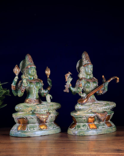 Goddess Lakshmi & Saraswati Brass Idol Pair – Vintage Green 18 inch - Budhshiv.com
