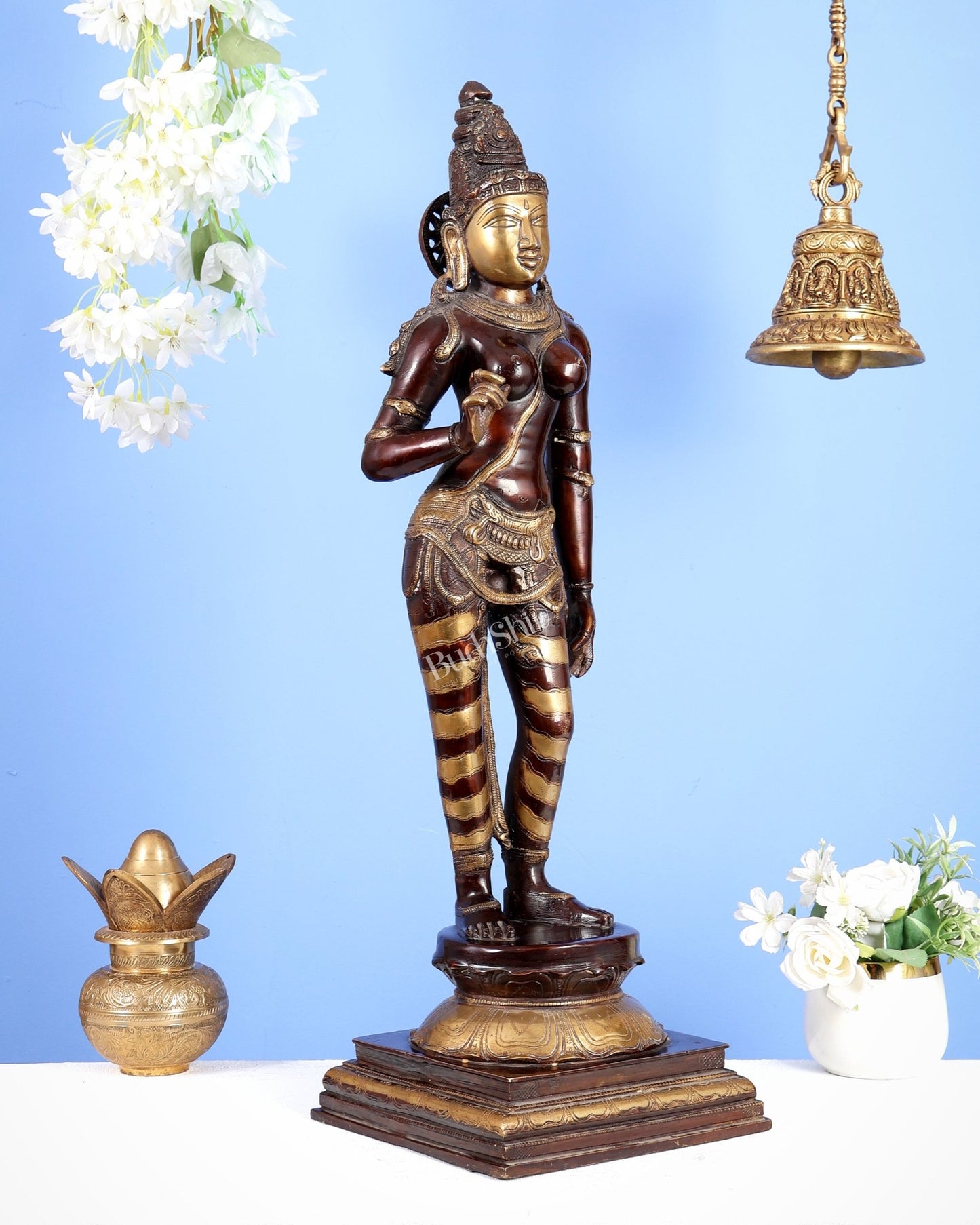 Goddess Parvati Standing Brass Sculpture – 27" Height, Double chola finish - Budhshiv.com