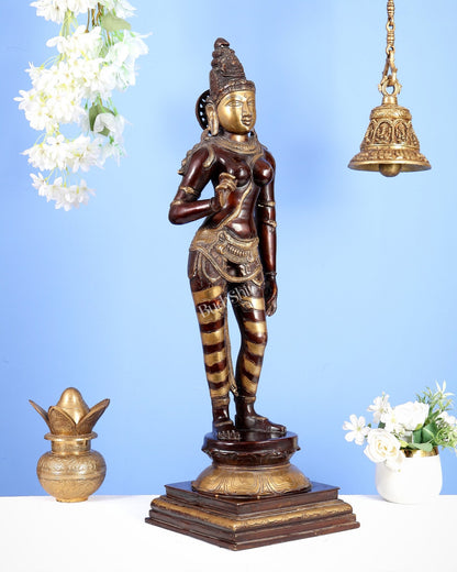 Goddess Parvati Standing Brass Sculpture – 27" Height, Double chola finish - Budhshiv.com