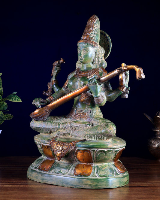 Goddess Saraswati Brass Statue – Vintage Green 18 inch - Budhshiv.com