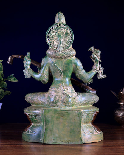 Goddess Saraswati Brass Statue – Vintage Green 18 inch - Budhshiv.com