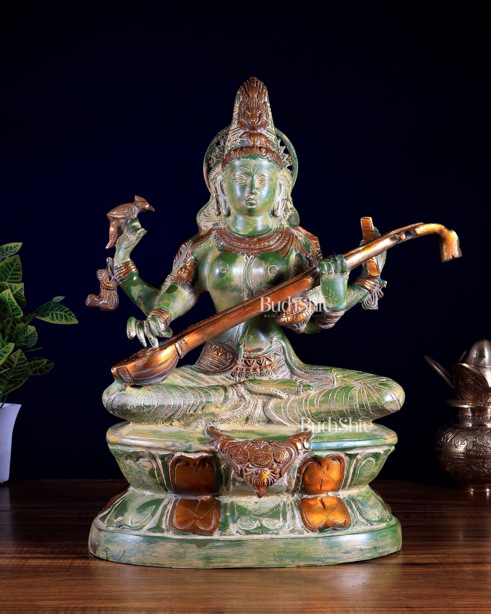 Goddess Saraswati Brass Statue – Vintage Green 18 inch - Budhshiv.com