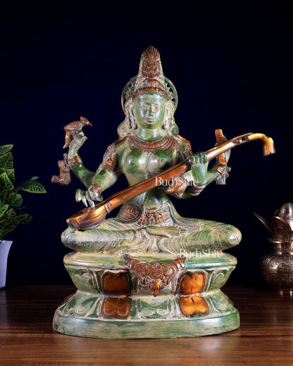 Goddess Saraswati Brass Statue – Vintage Green 18 inch - Budhshiv.com