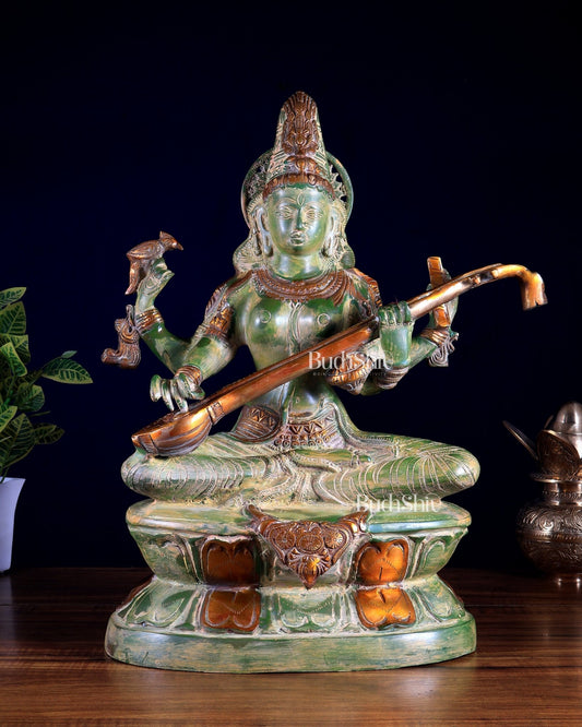 Goddess Saraswati Brass Statue – Vintage Green 18 inch - Budhshiv.com