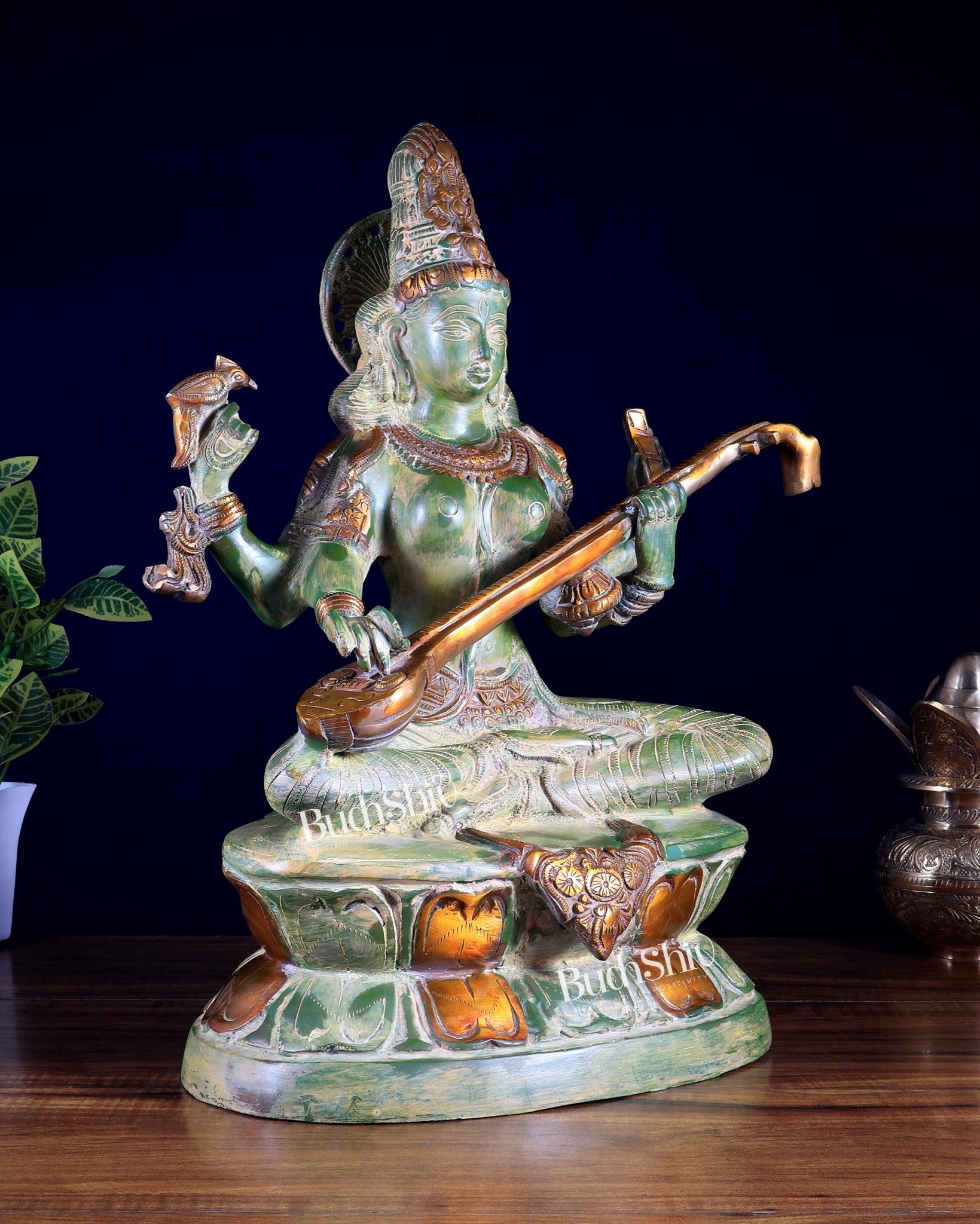 Goddess Saraswati Brass Statue – Vintage Green 18 inch - Budhshiv.com