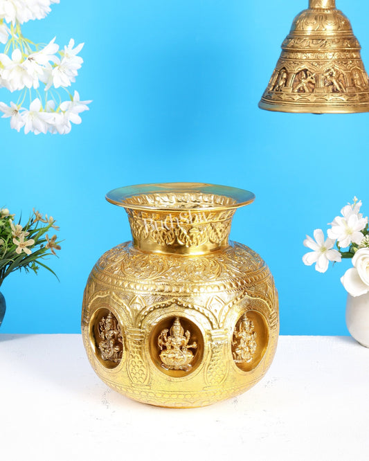 Gold Plated Brass Superfine Ashtalakshmi Kalash – Intricate Auspicious Décor (8 Inches) - Budhshiv.com
