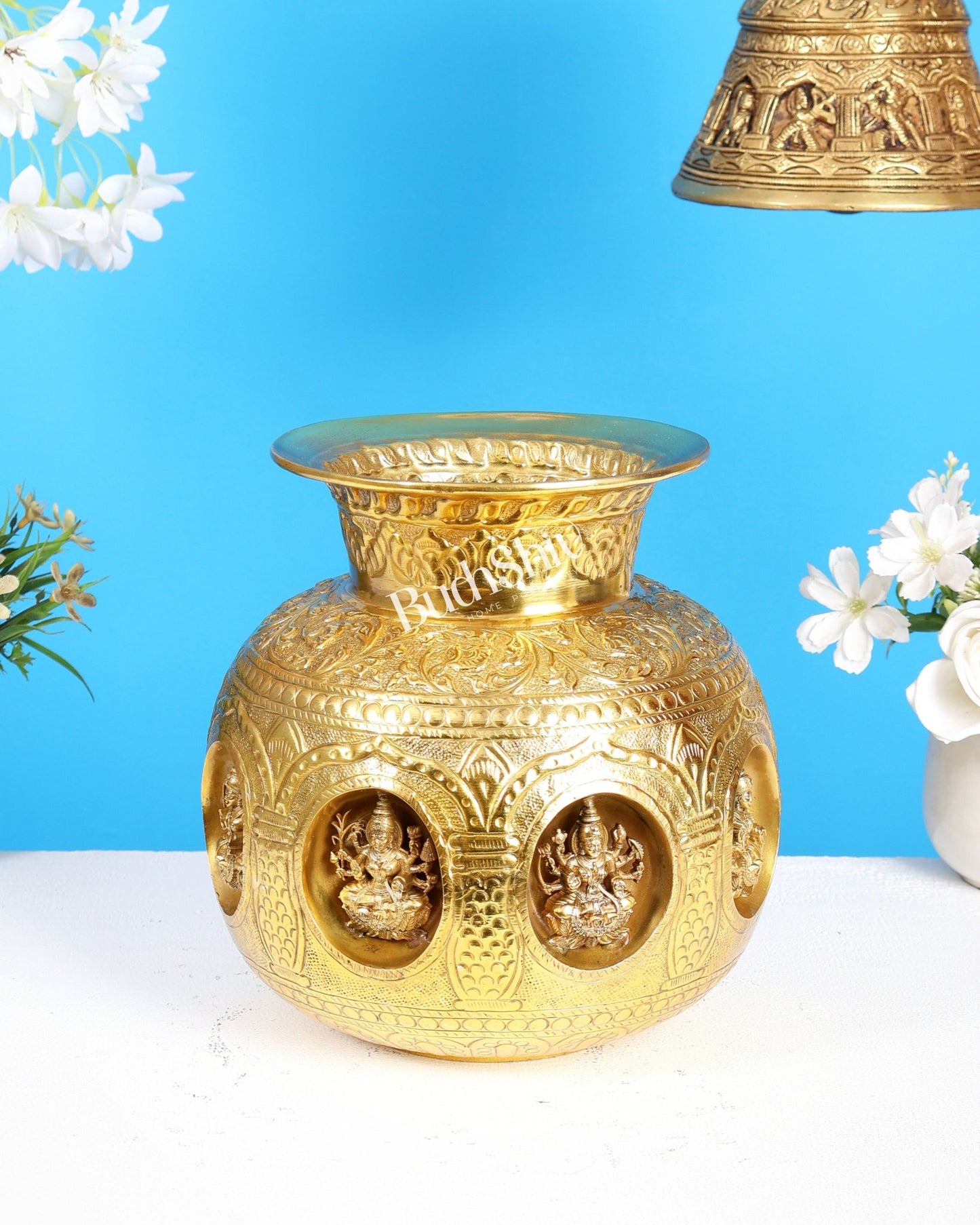 Gold Plated Brass Superfine Ashtalakshmi Kalash – Intricate Auspicious Décor (8 Inches) - Budhshiv.com