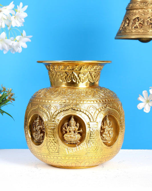 Gold Plated Brass Superfine Ashtalakshmi Kalash – Intricate Auspicious Décor (8 Inches) - Budhshiv.com