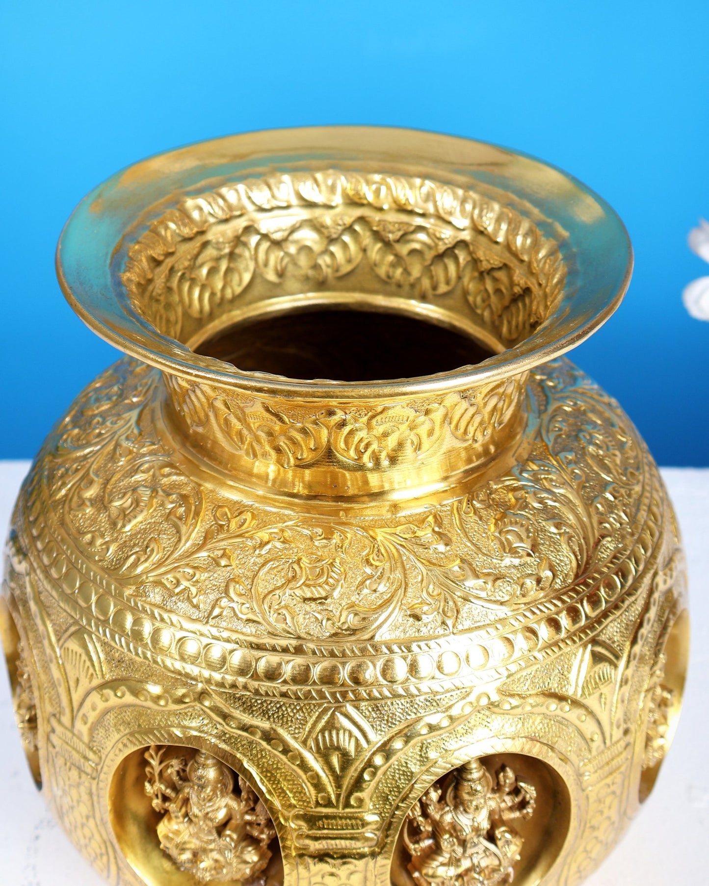 Gold Plated Brass Superfine Ashtalakshmi Kalash – Intricate Auspicious Décor (8 Inches) - Budhshiv.com