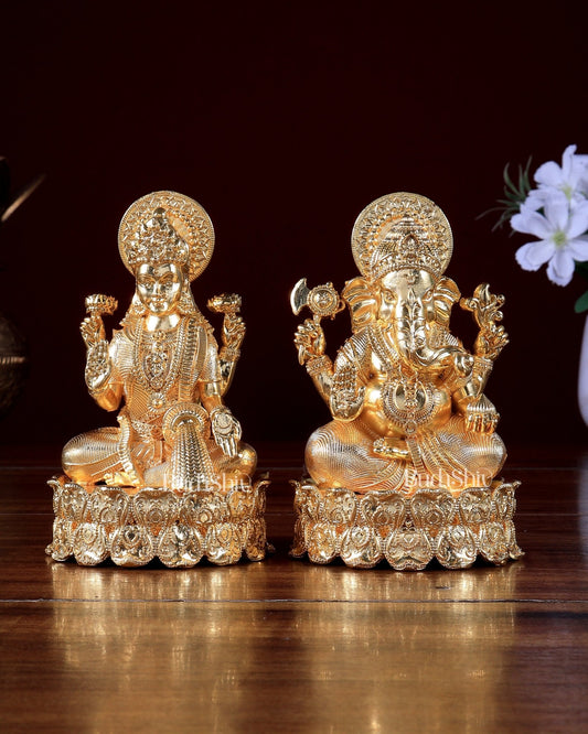Gold plated Ganesha Lakshmi Brass Idols on Lotus Base 5.25 inch - Budhshiv.com