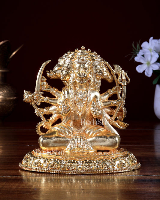 Gold plated Panchmukhi Hanuman brass Idol | Cross - Legged Pose - Budhshiv.com
