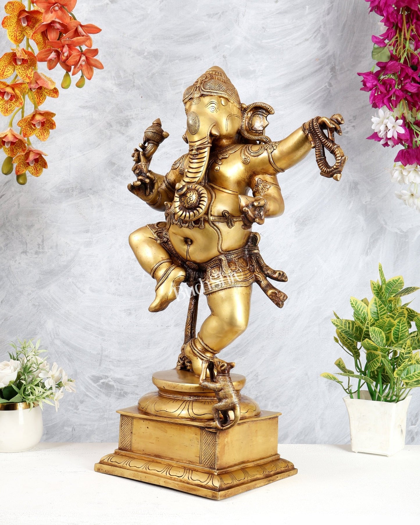 Golden Brass Dancing Ganesha Statue 25" - Budhshiv.com