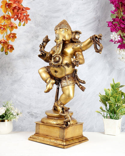 Golden Brass Dancing Ganesha Statue 25" - Budhshiv.com