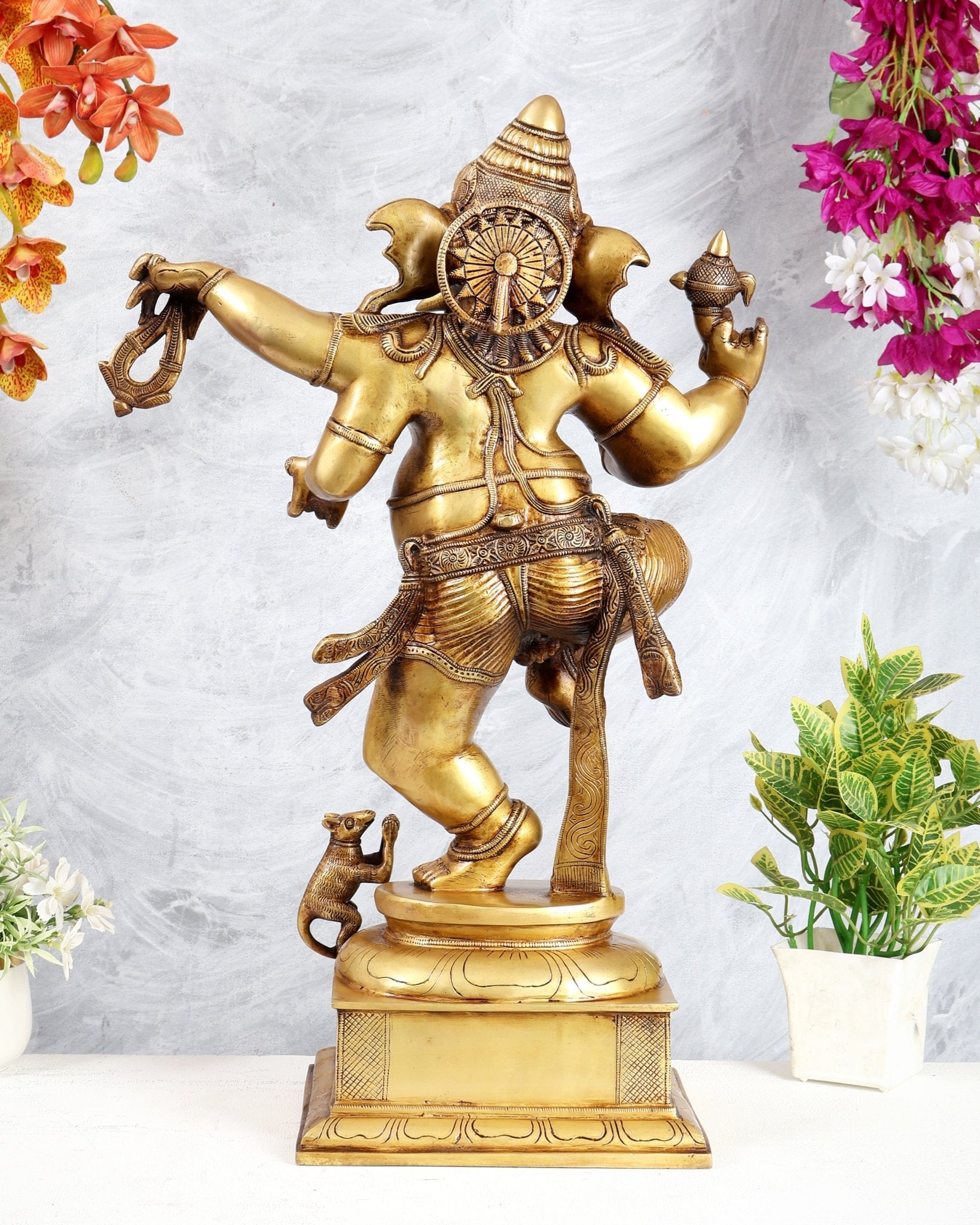 Golden Brass Dancing Ganesha Statue 25" - Budhshiv.com