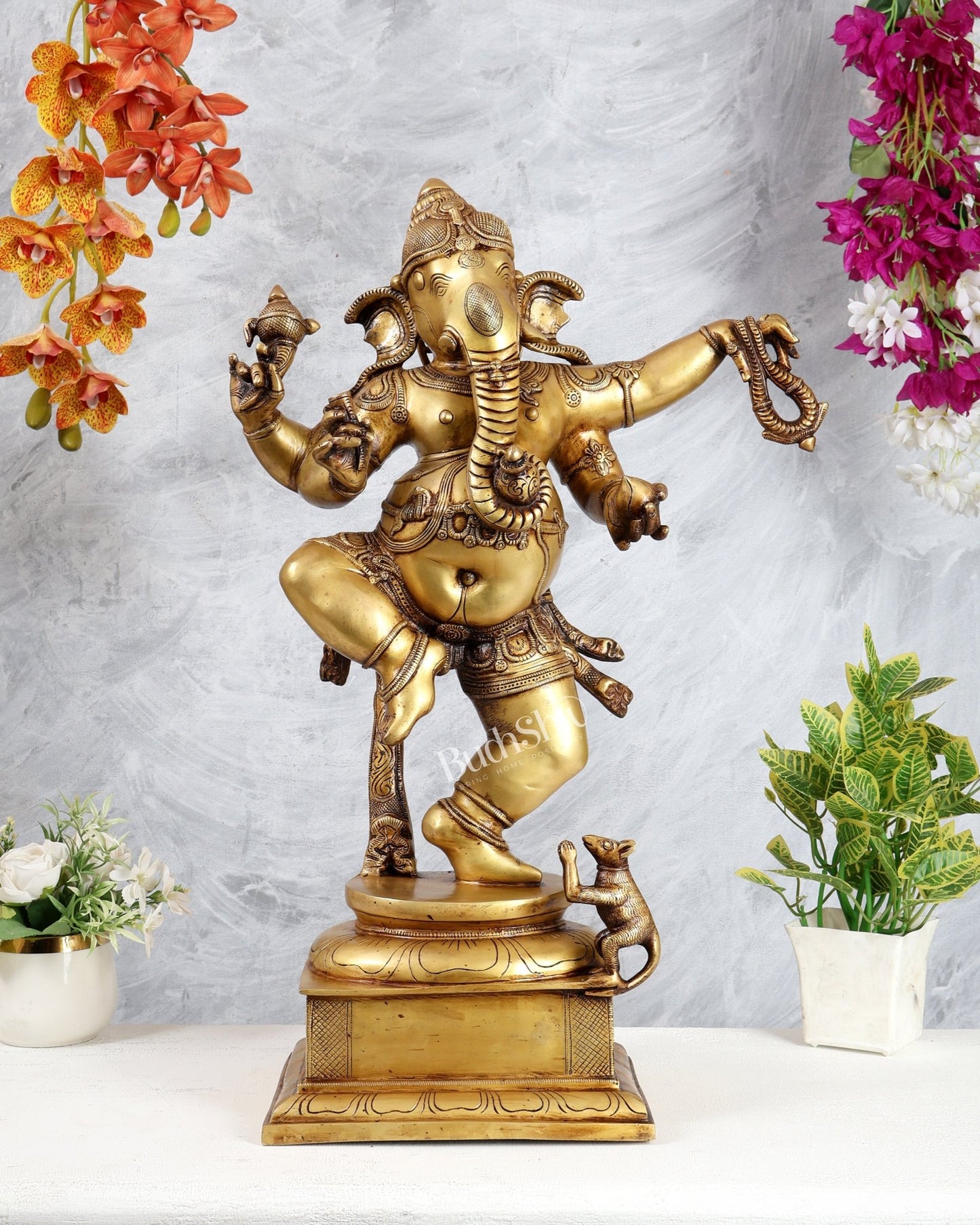 Golden Brass Dancing Ganesha Statue 25" - Budhshiv.com