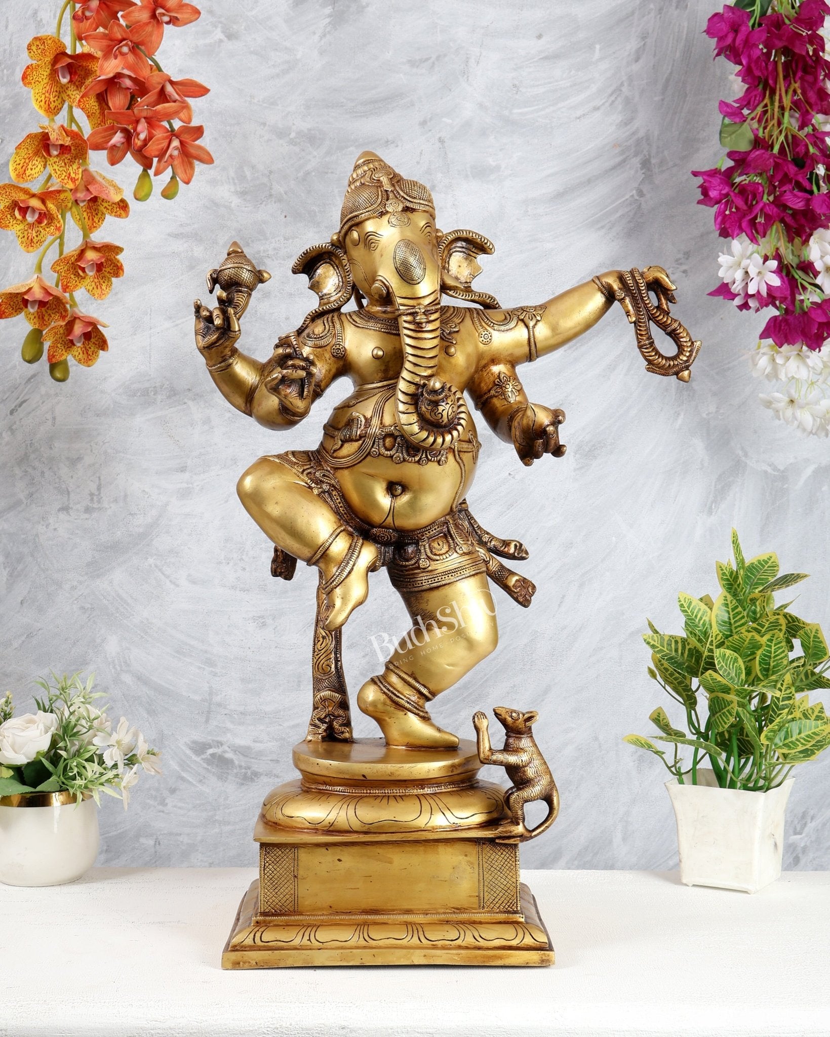 Golden Brass Dancing Ganesha Statue 25" - Budhshiv.com