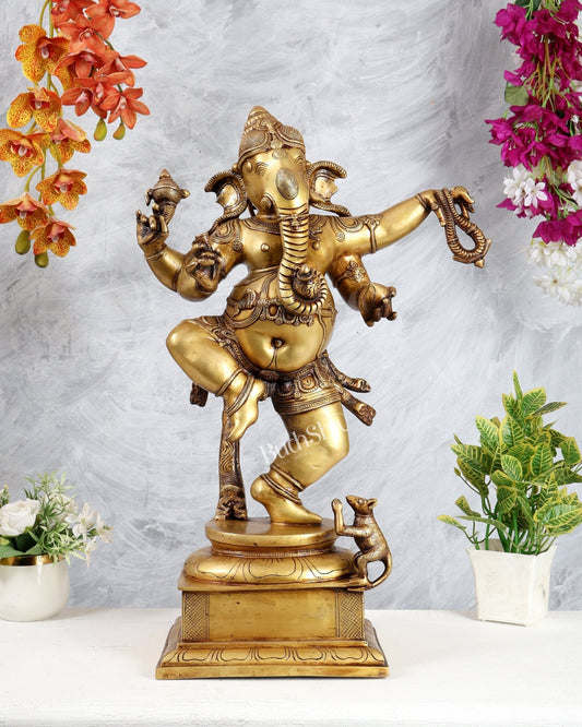 Golden Brass Dancing Ganesha Statue 25" - Budhshiv.com