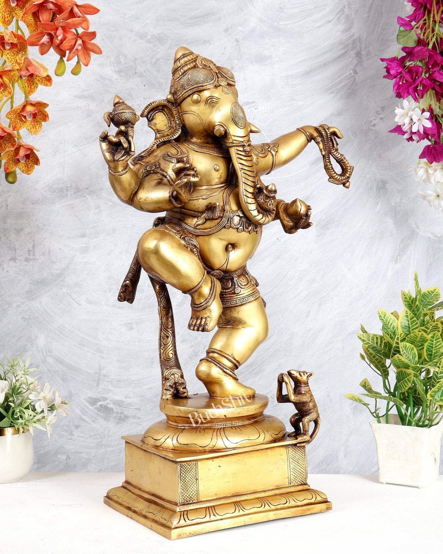 Golden Brass Dancing Ganesha Statue 25" - Budhshiv.com