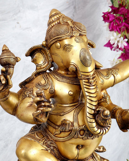 Golden Brass Dancing Ganesha Statue 25" - Budhshiv.com