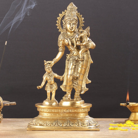 Graceful 11 - Inch Brass Goddess Parvati with Ganesha and Kartikeya Statue - Budhshiv.com