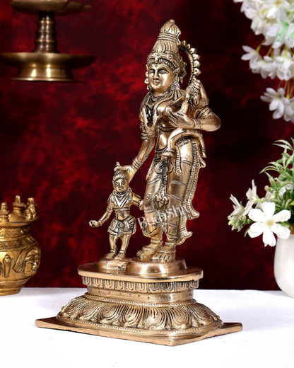 Graceful 11-Inch Brass Goddess Parvati with Ganesha and Kartikeya Statue - Budhshiv.com