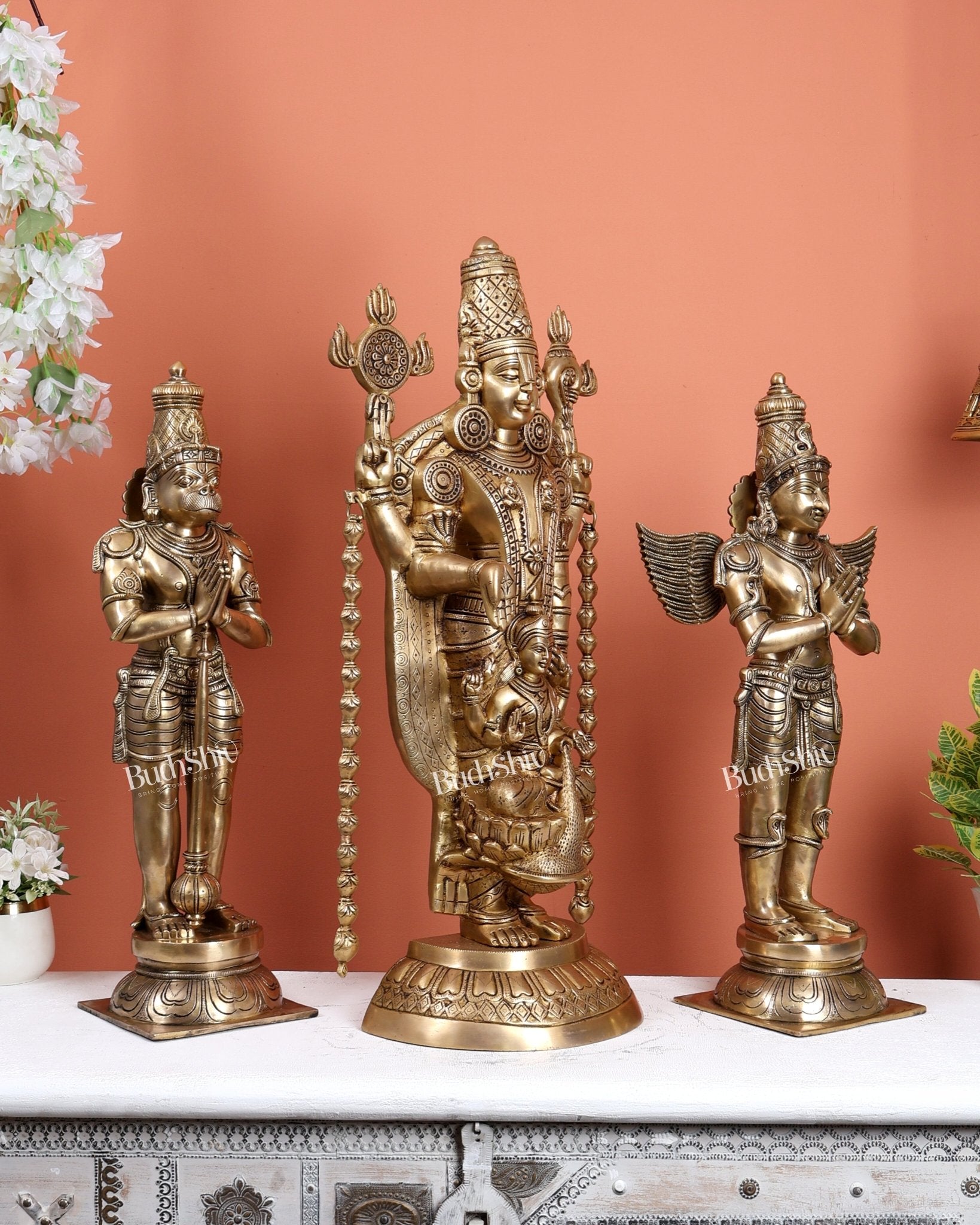 Grand Brass Tirupati Balaji with Lakshmi, Hanuman & Garuda Divine Temple Set 28 inch - Budhshiv.com