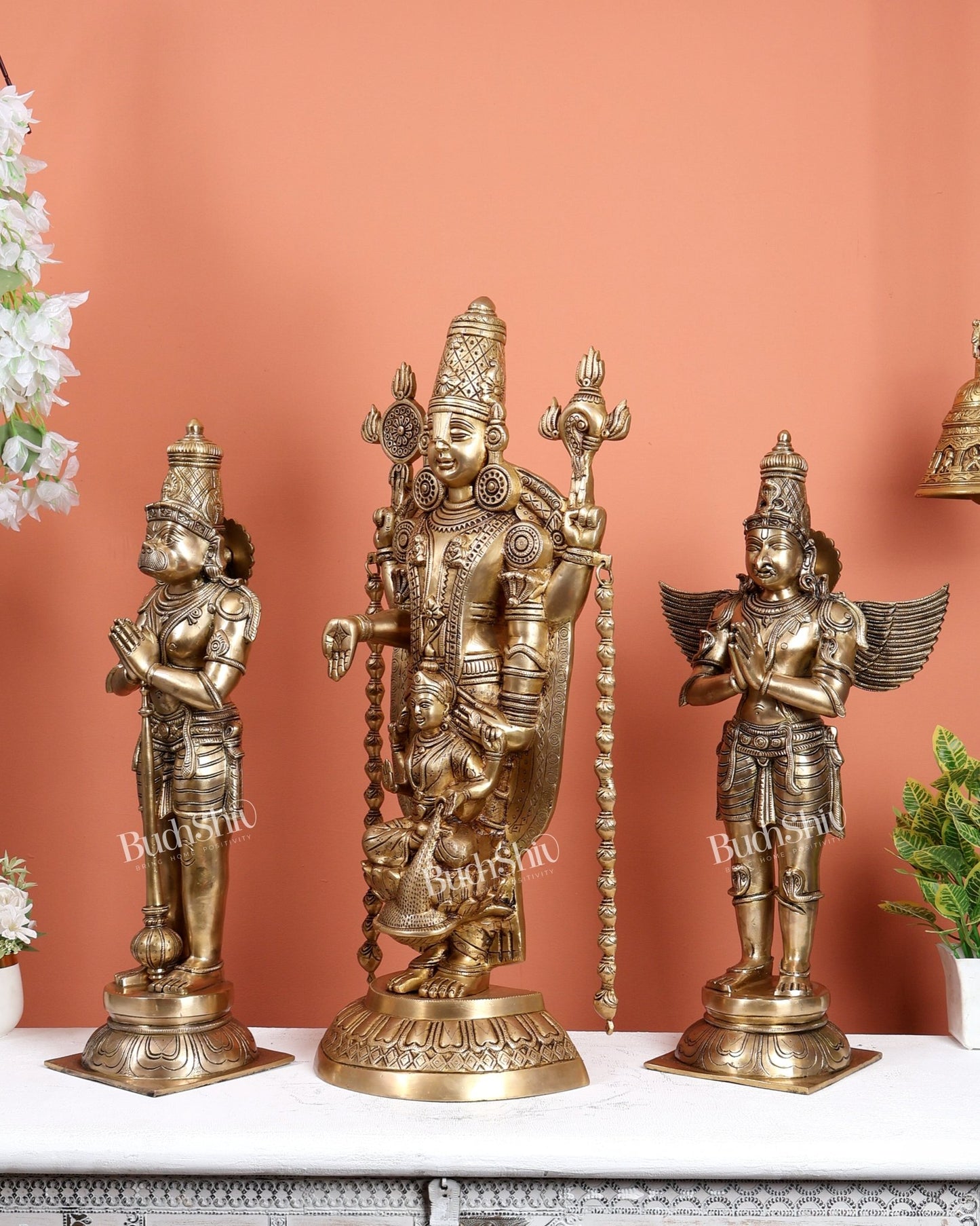 Grand Brass Tirupati Balaji with Lakshmi, Hanuman & Garuda Divine Temple Set 28 inch - Budhshiv.com