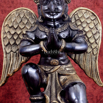 Grand Pure Brass Garuda Sculpture with Heat - Treated Black and Gold Finish - 28" - Budhshiv.com