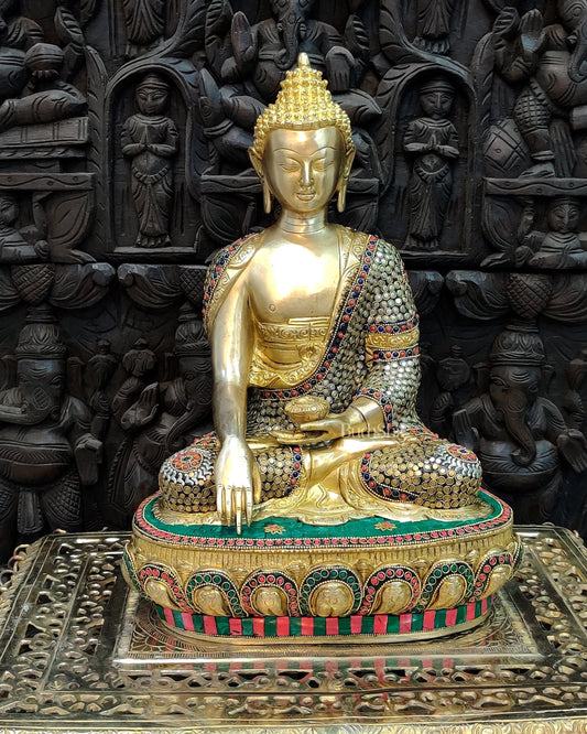Hand - Carved Brass Buddha Statue - Earth Touching Mudra, 16" - Budhshiv.com