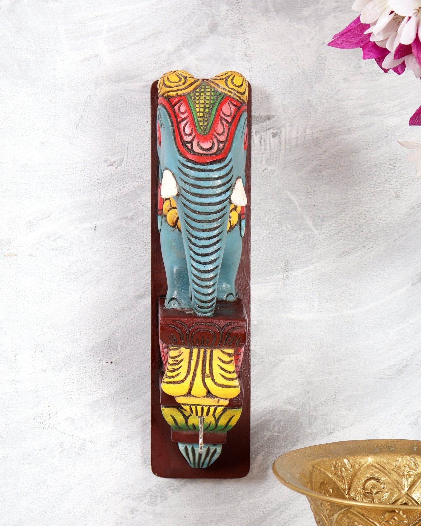 Hand - Painted Wooden Elephant Wall Bracket with Brass Hook – Decorative Hanging Angle 12 inch - Budhshiv.com