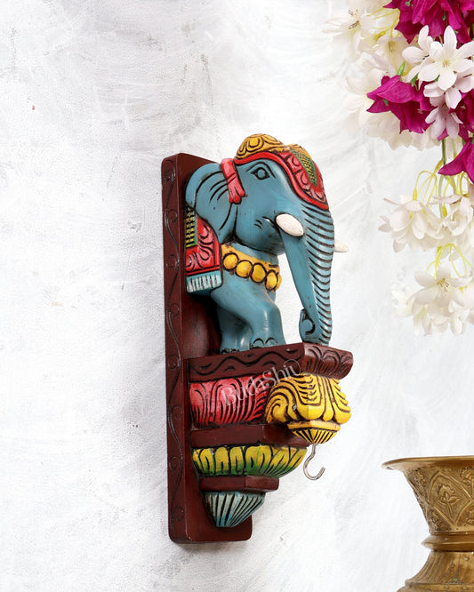 Hand - Painted Wooden Elephant Wall Bracket with Brass Hook – Decorative Hanging Angle 12 inch - Budhshiv.com