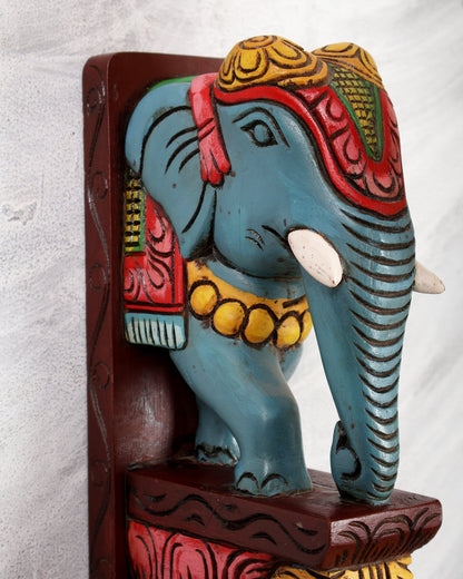 Hand - Painted Wooden Elephant Wall Bracket with Brass Hook – Decorative Hanging Angle 12 inch - Budhshiv.com