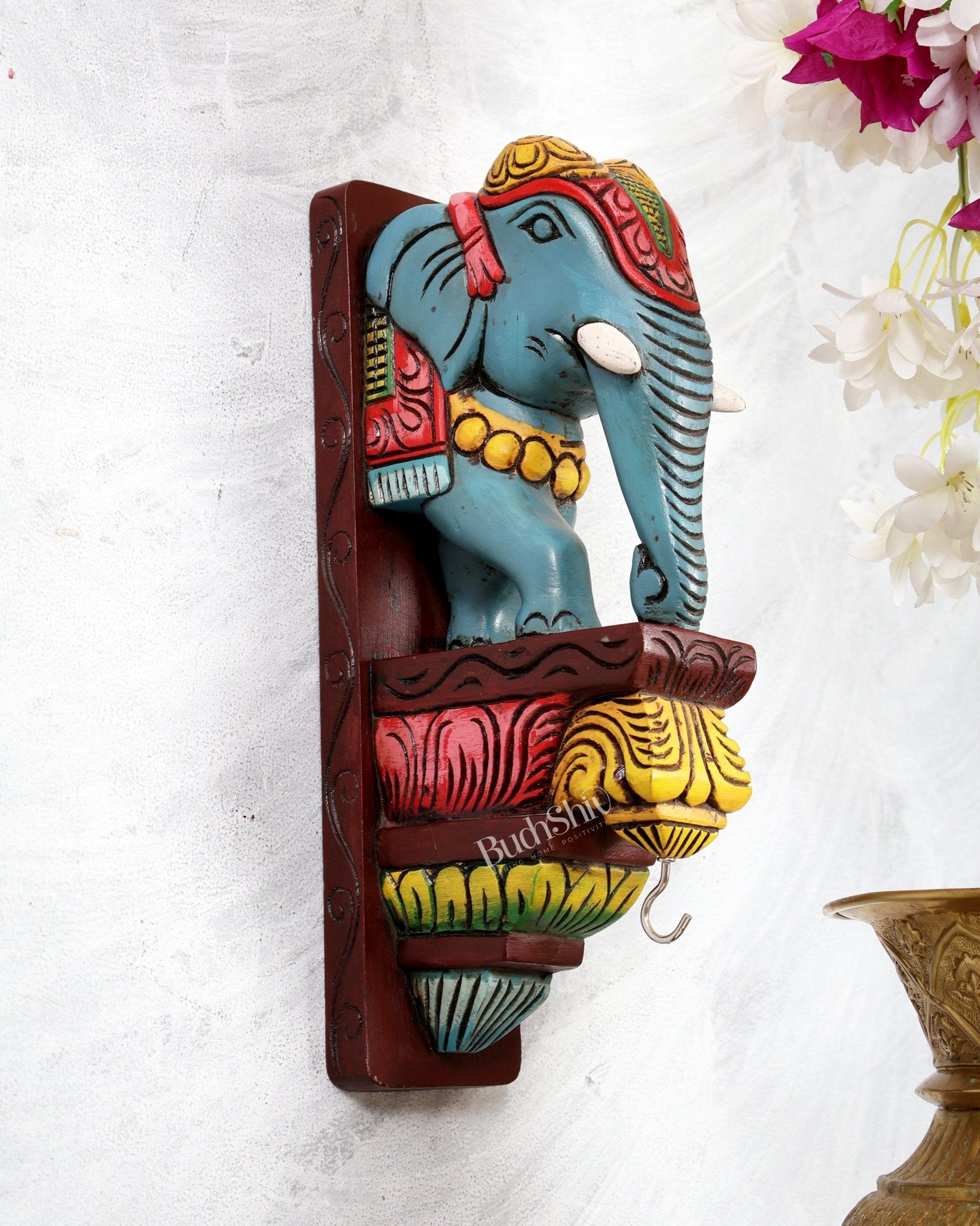 Hand - Painted Wooden Elephant Wall Bracket with Brass Hook – Decorative Hanging Angle 12 inch - Budhshiv.com