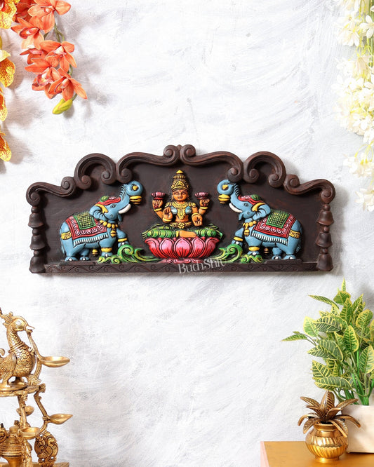 Hand - Painted Wooden Gajalakshmi Wall Hanging Panel – 24 Inch - Budhshiv.com