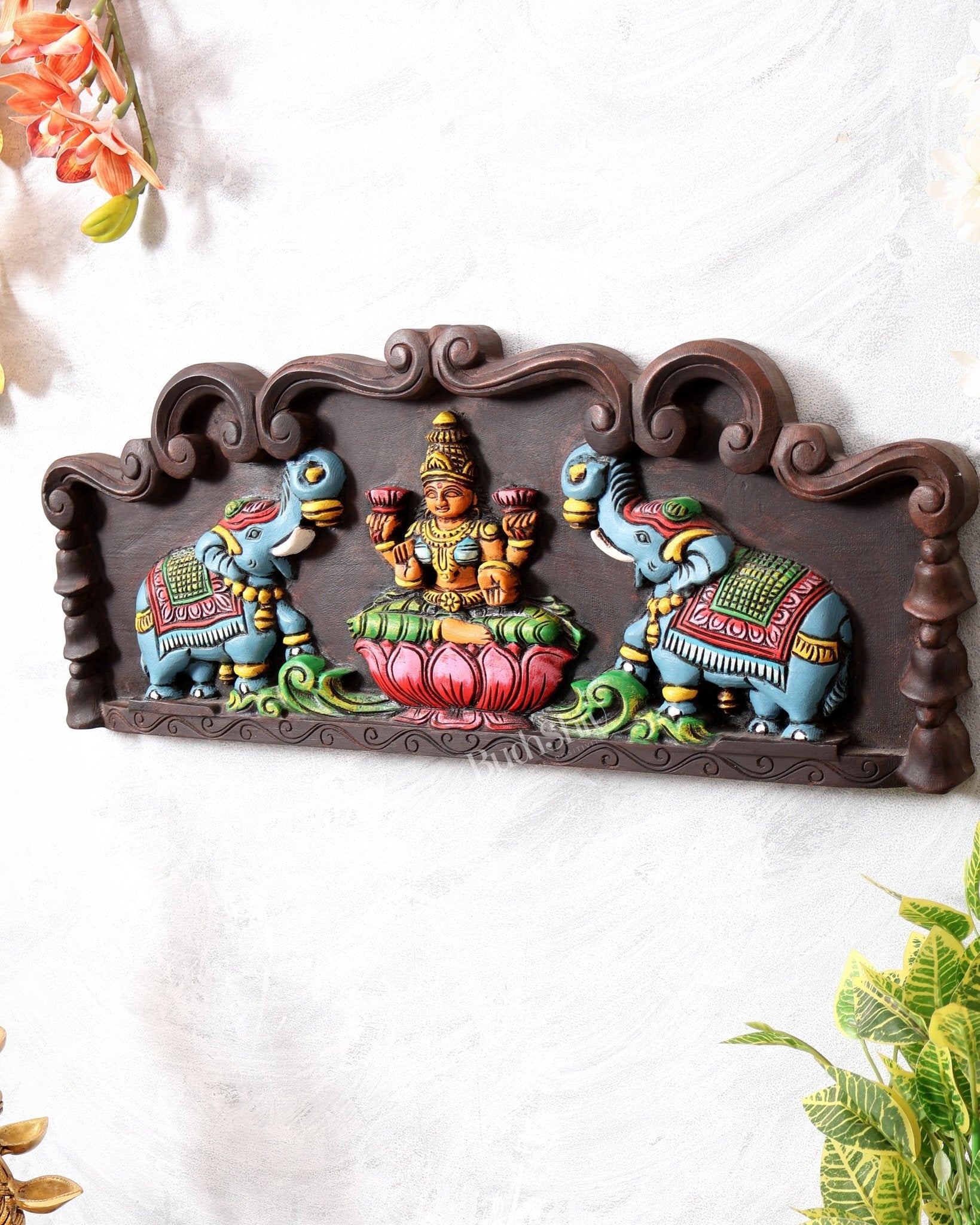 Hand - Painted Wooden Gajalakshmi Wall Hanging Panel – 24 Inch - Budhshiv.com