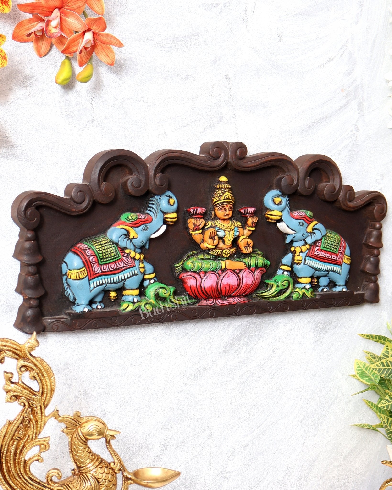 Hand - Painted Wooden Gajalakshmi Wall Hanging Panel – 24 Inch - Budhshiv.com