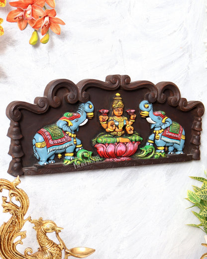 Hand - Painted Wooden Gajalakshmi Wall Hanging Panel – 24 Inch - Budhshiv.com