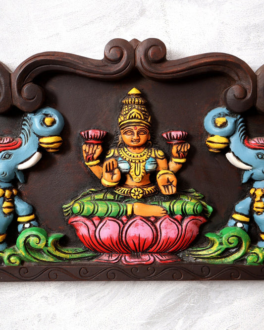 Hand - Painted Wooden Gajalakshmi Wall Hanging Panel – 24 Inch - Budhshiv.com