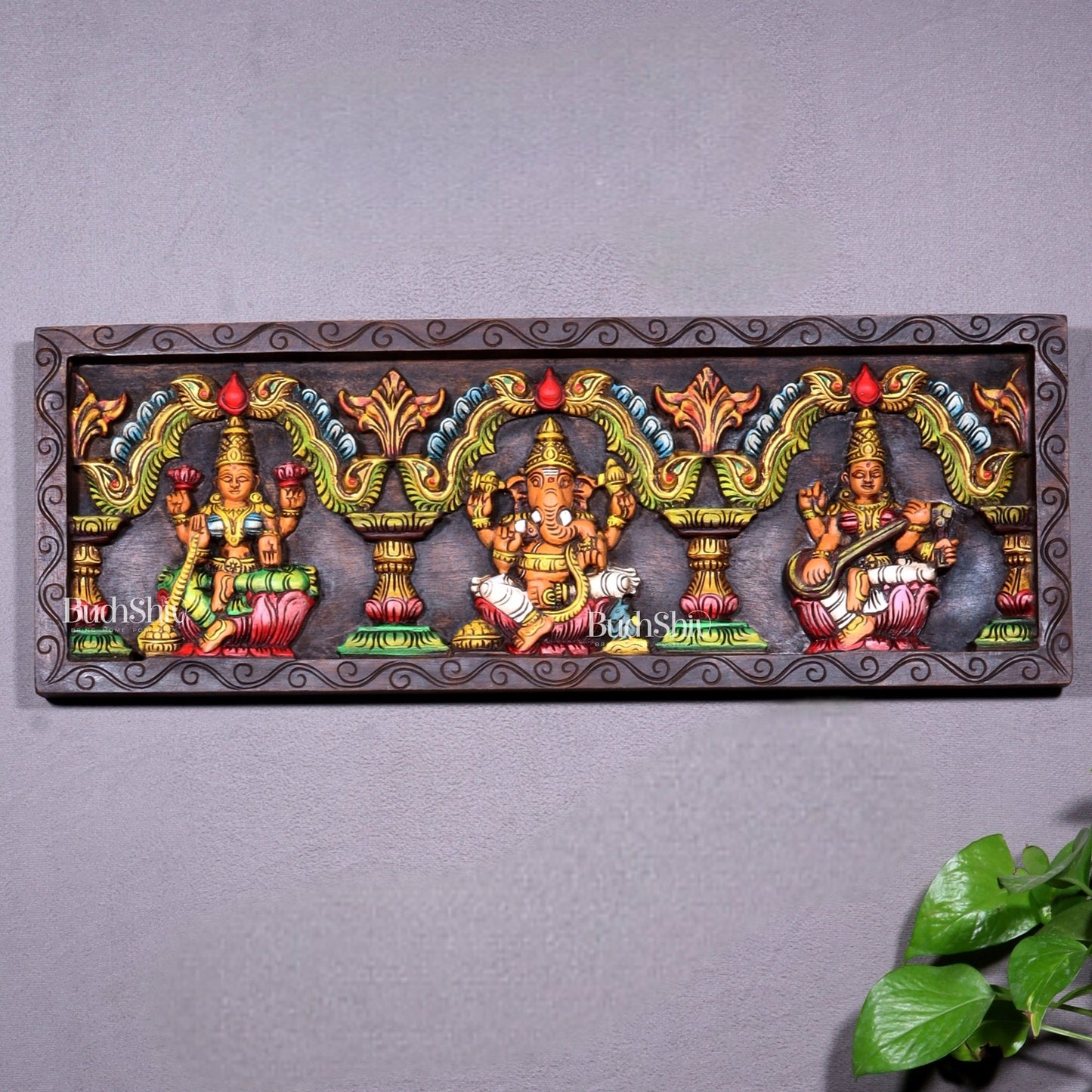 Hand - Painted Wooden Ganesha Lakshmi Saraswati Horizontal Wall Hanging – 24 Inch - Budhshiv.com