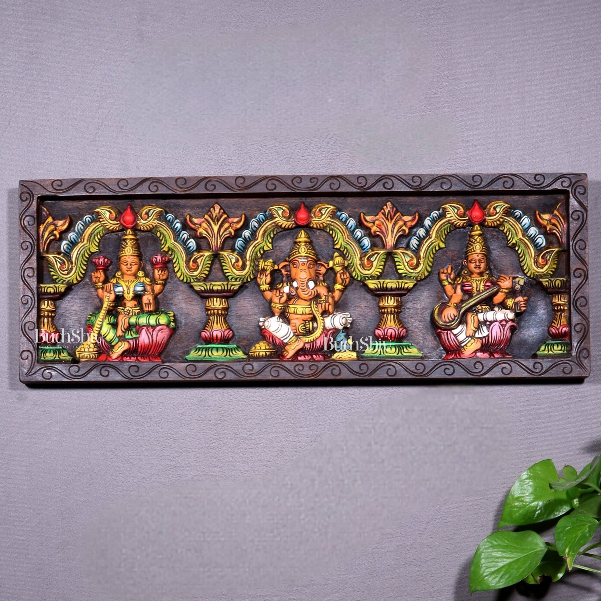Hand - Painted Wooden Ganesha Lakshmi Saraswati Horizontal Wall Hanging – 24 Inch - Budhshiv.com