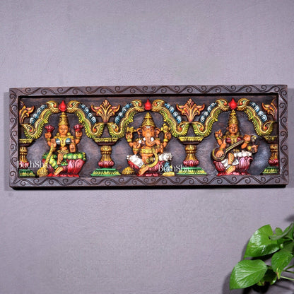 Hand - Painted Wooden Ganesha Lakshmi Saraswati Horizontal Wall Hanging – 24 Inch - Budhshiv.com