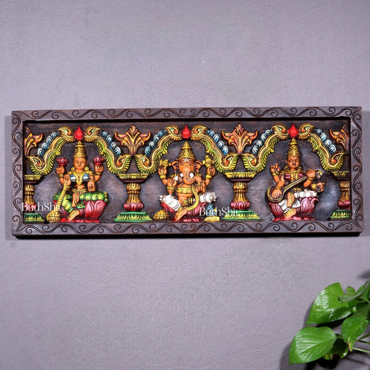 Hand - Painted Wooden Ganesha Lakshmi Saraswati Horizontal Wall Hanging – 24 Inch - Budhshiv.com