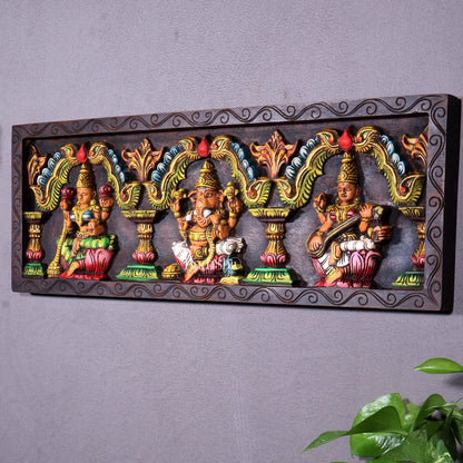 Hand - Painted Wooden Ganesha Lakshmi Saraswati Horizontal Wall Hanging – 24 Inch - Budhshiv.com